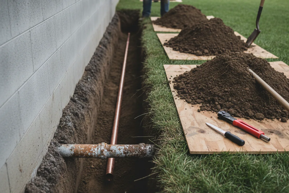 Excavated water line trench during Sewer Line Repair in North Babylon